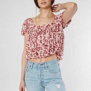Free People Megs Blouse cheetah print Blush Pink mesh bubble hem size small
